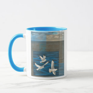 Three White Seagulls Flying Over the Water Mug
