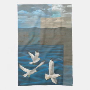 Three White Seagulls Flying Over the Water Tea Towel