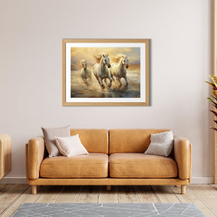 Three White Wild Horses Watercolor Art Poster
