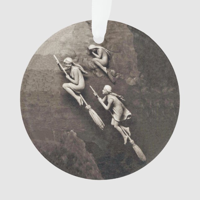 Three White Witches Flying on Brooms Brown Ornament (Front)