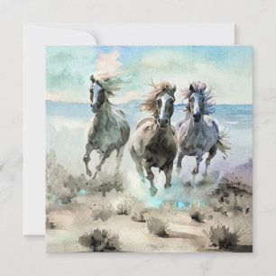 Three Wild Horses Race Across a Dusty Prairie Holiday Card