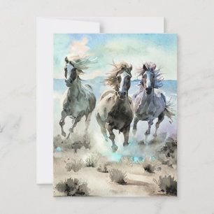 Three Wild Horses Race Across a Dusty Prairie Postcard