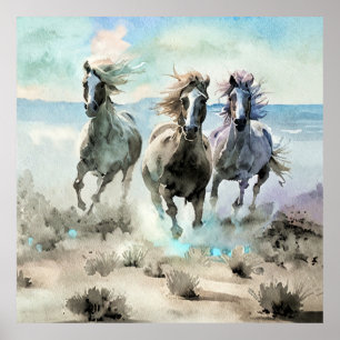 Three Wild Horses Race Across a Dusty Prairie Poster