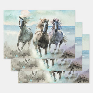 Three Wild Horses Race Across a Dusty Prairie Wrapping Paper Sheet