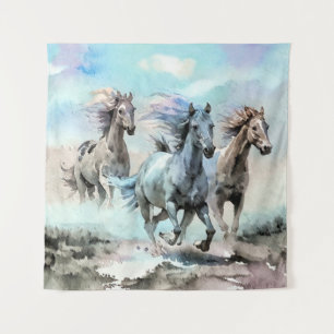 Three Wild Mustangs Race Across the Plains Tapestry