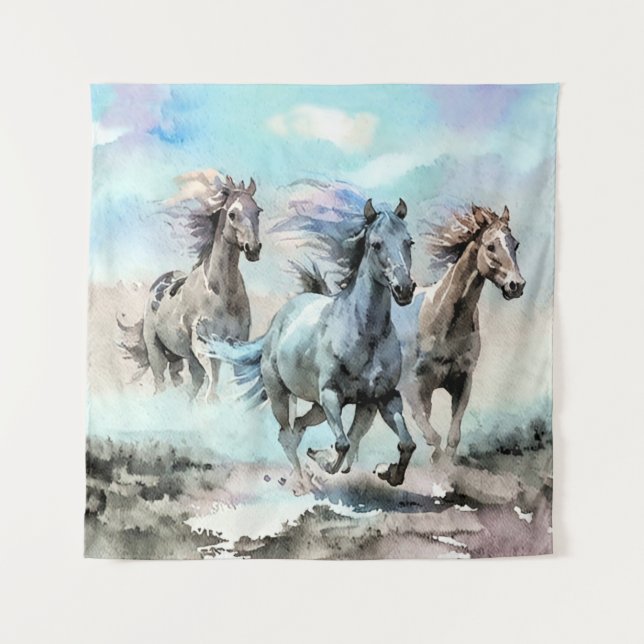 Three Wild Mustangs Race Across the Plains Tapestry (Front)