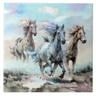 Three Wild Mustangs Race Across the Plains Tile