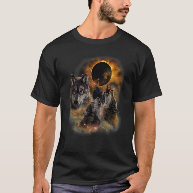 Three Wild Wolves Howling Full Moon Wolf Howl Anim T-Shirt (Front)