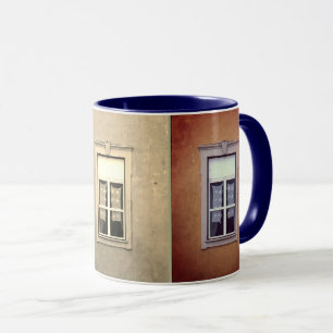 THREE WINDOWS/LACE CURTAINS/MULTI-COLORED MUG