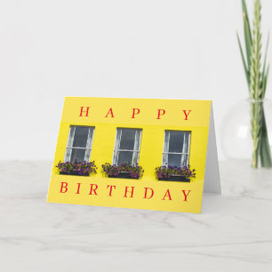Three windows on a yellow wall birthday card