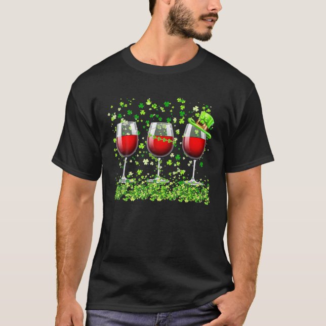 Three Wine Glasses Clover Shamrock St Patrick Day T-Shirt (Front)