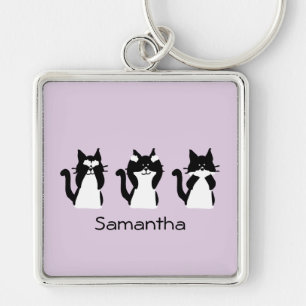 Three Wise Kitties Black White Purple Custom Key Ring