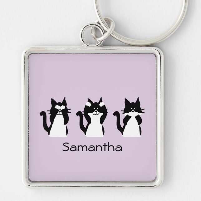 Three Wise Kitties Black White Purple Custom Key Ring (Front)
