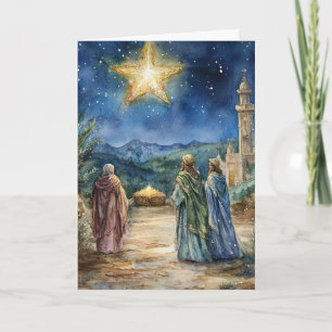 Three Wise Men and Star in Nativity Watercolor Card