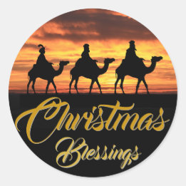 Three Wise Men Christmas Blessings Orange Sunset Classic Round Sticker