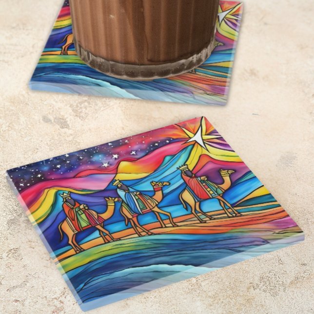 Three Wise Men Colorful Christmas Holiday  Glass Coaster (Creator Uploaded)