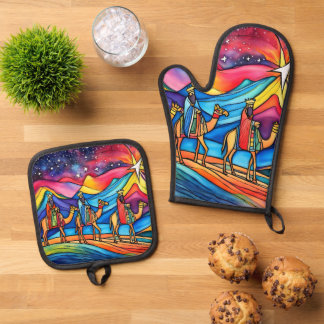 Three Wise Men Colorful Christmas Holiday  Oven Mitt & Pot Holder Set