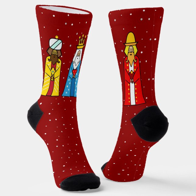 Three Wise Men & Snowflakes on Red Socks (Angled)