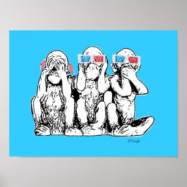 Three Wise Monkeys 3D Specs Pop Art Poster Print (Front)