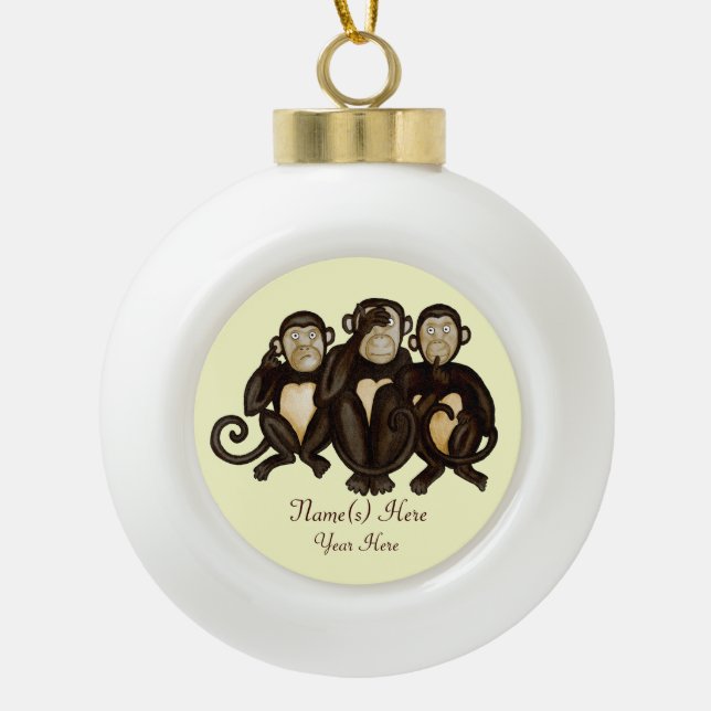 Three Wise Monkeys Ceramic Ball Christmas Ornament (Front)