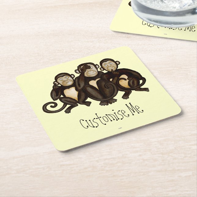 Three Wise Monkeys Square Paper Coaster (Angled)