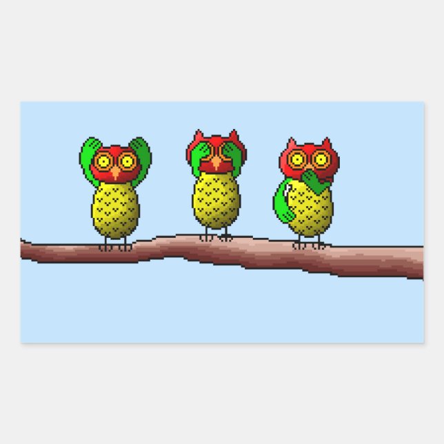 Three wise owls, hear, see & speak no evil rectangular sticker (Front)