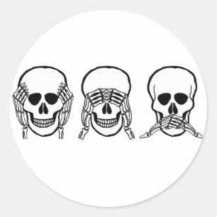Three wise skulls, see, hear, speak no evil classic round sticker