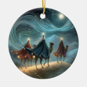 Three Wisemen Following Star Black Text Christmas Ceramic Tree Decoration