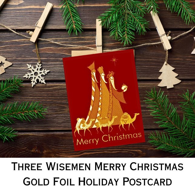 Three Wisemen Merry Christmas Gold  Foil Holiday Postcard (Three Wisemen Merry Christmas Gold Foil Holiday Postcards)