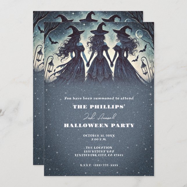 Three Witches at Night Starry Halloween Party Invitation (Front/Back)
