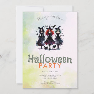 Three Witches Black Cats Bats Halloween Party Invitation