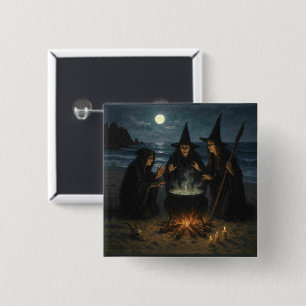 Three Witches Brew Cauldron Full Moon Beach 15 Cm Square Badge