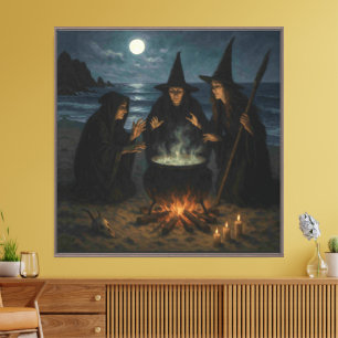 Three Witches Brew Cauldron Full Moon Beach Canvas Print