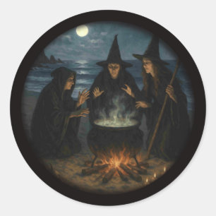 Three Witches Brew Cauldron Full Moon Beach  Classic Round Sticker