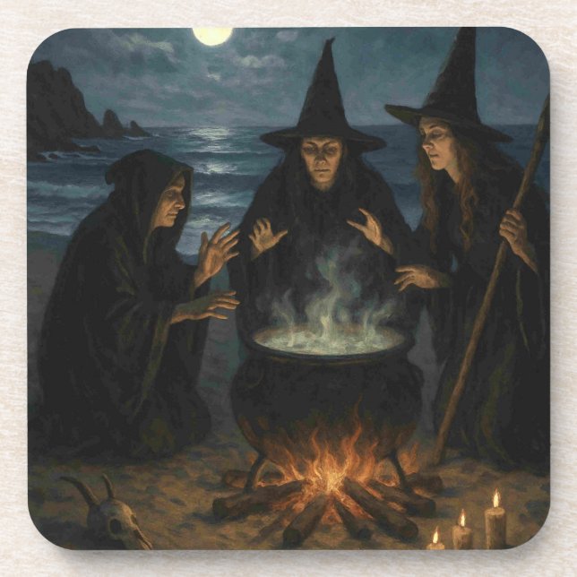 Three Witches Brew Cauldron Full Moon Beach  Coaster (Front)