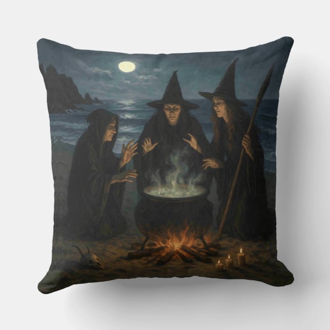 Three Witches Brew Cauldron Full Moon Beach  Cushion (Back)