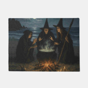 Three Witches Brew Cauldron Full Moon Beach Doormat