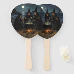 Three Witches Brew Cauldron Full Moon Beach Hand Fan