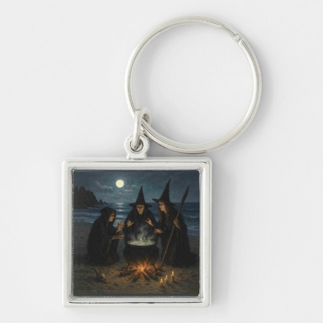 Three Witches Brew Cauldron Full Moon Beach  Key Ring (Front)