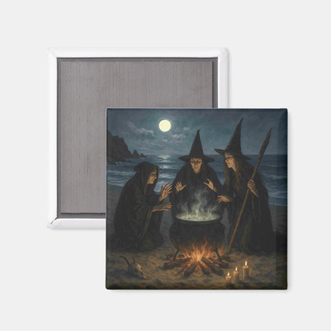 Three Witches Brew Cauldron Full Moon Beach  Magnet (Front/Back)