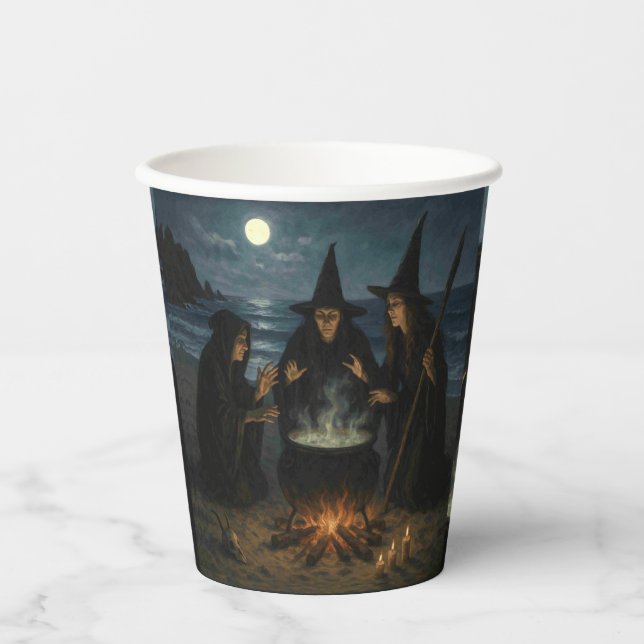 Three Witches Brew Cauldron Full Moon Beach  Paper Cups (Front)