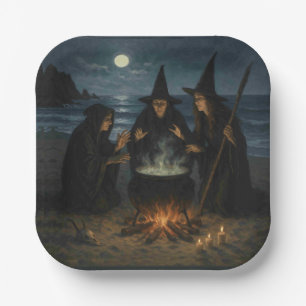 Three Witches Brew Cauldron Full Moon Beach Paper Plate