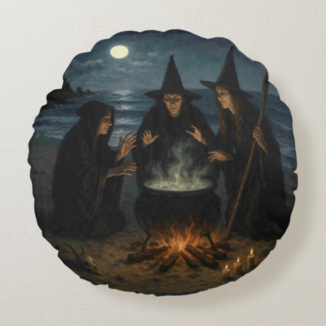 Three Witches Brew Cauldron Full Moon Beach  Round Cushion (Front)