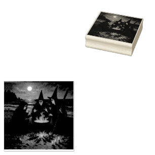 Three Witches Brew Cauldron Full Moon Beach  Rubber Stamp