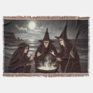 Three Witches Brew Cauldron Full Moon Beach Throw Blanket