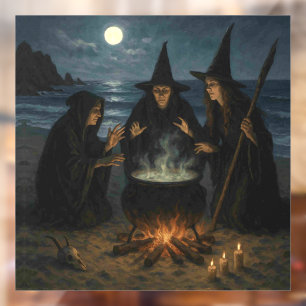Three Witches Brew Cauldron Full Moon Beach Window Cling