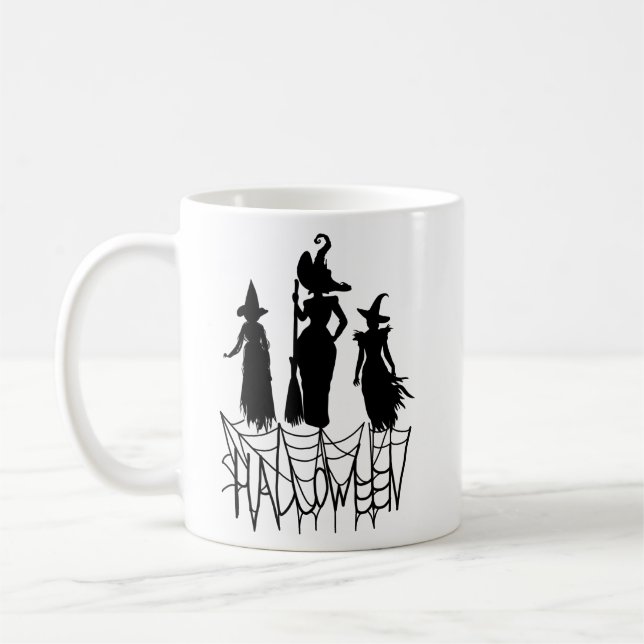 Three Witches & Spider Web Halloween Tee Coffee Mug (Left)