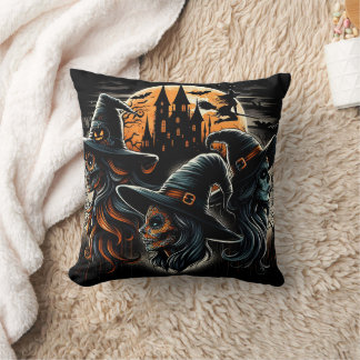 Three witches under a full moon on Halloween night Cushion