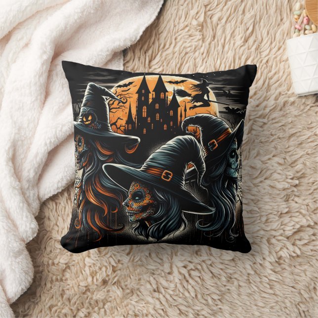Three witches under a full moon on Halloween night Cushion (Blanket)
