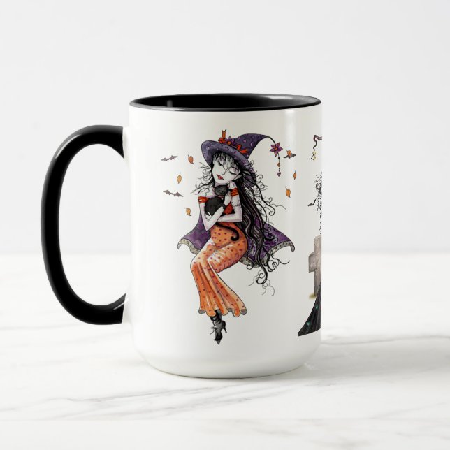 Three Witches with Black Cats Halloween Fantasy Mug (Left)